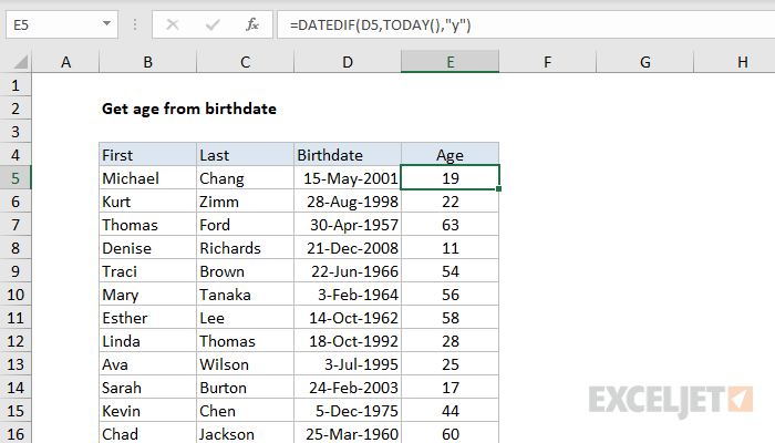 excel formula for age date of birth